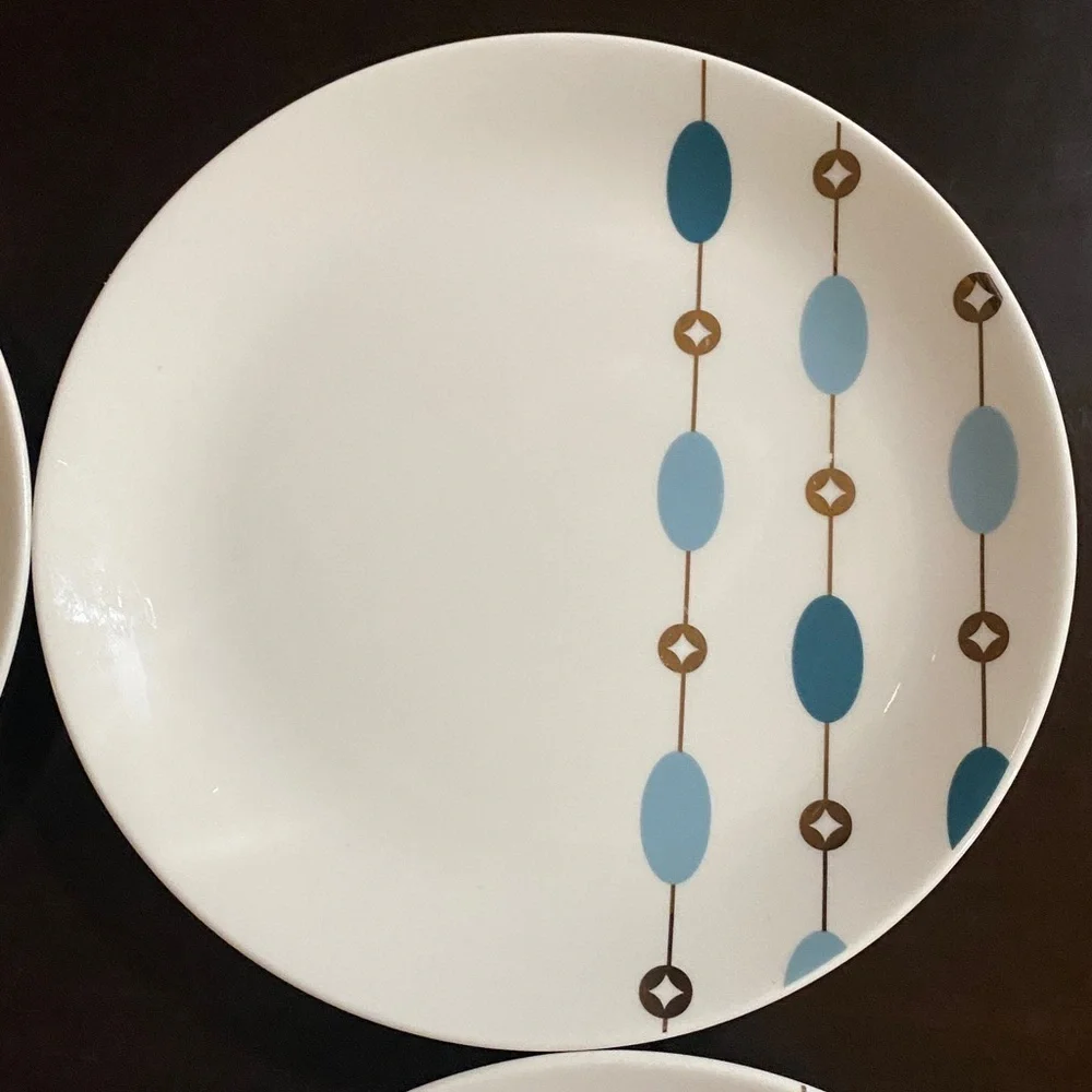 Pier 1 White Salad Plates with Blue &Green Accents. Beaded Garland. Set of 4.